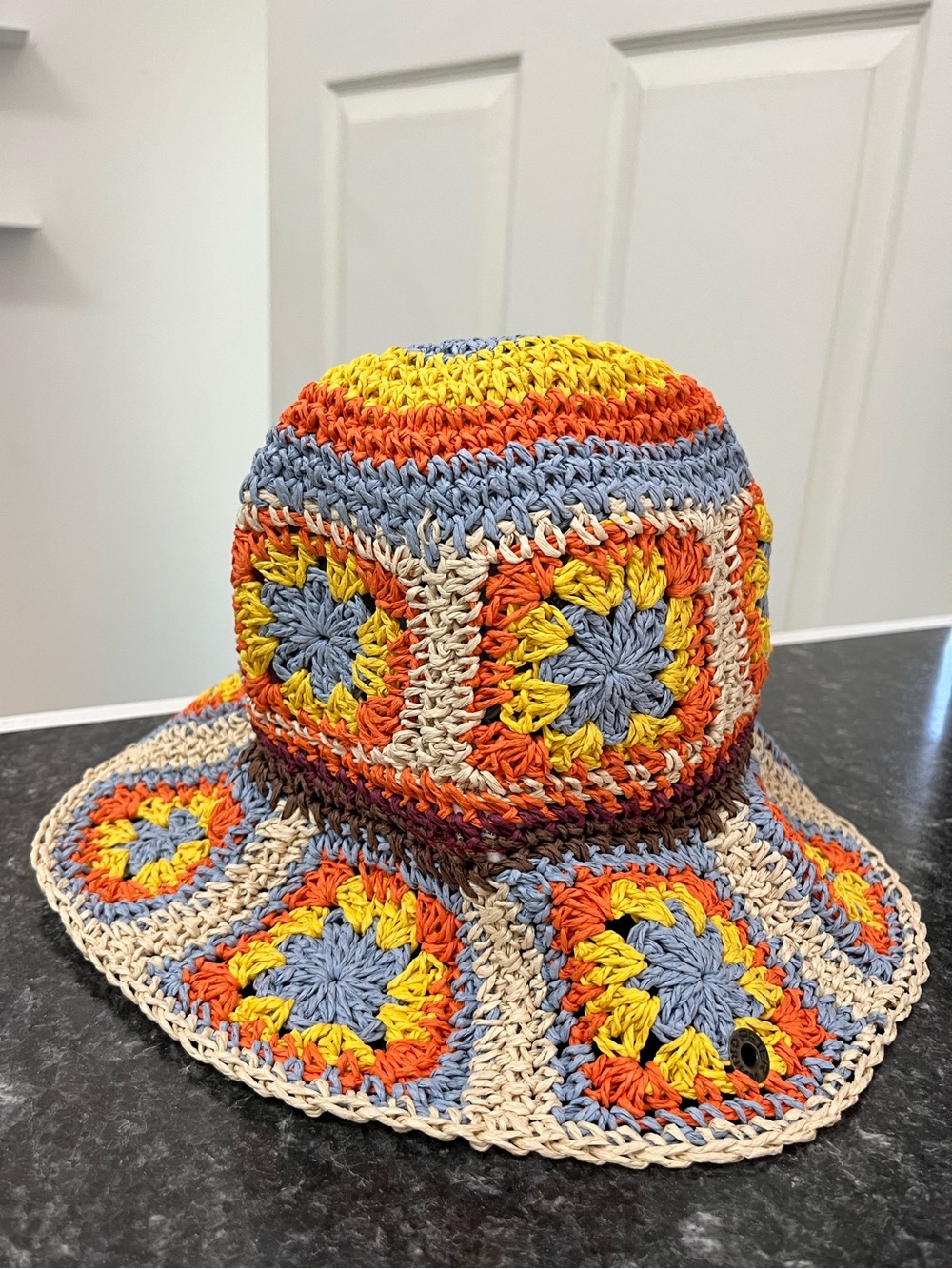 Peter Grimm Multicolor Crochet Bucket Hat - Yellow, Orange, Blue & Cream